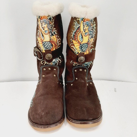 Ed Hardy Shoes - Ed Hardy Brown Leather Aherpa Lined Snow Boots Size 8
